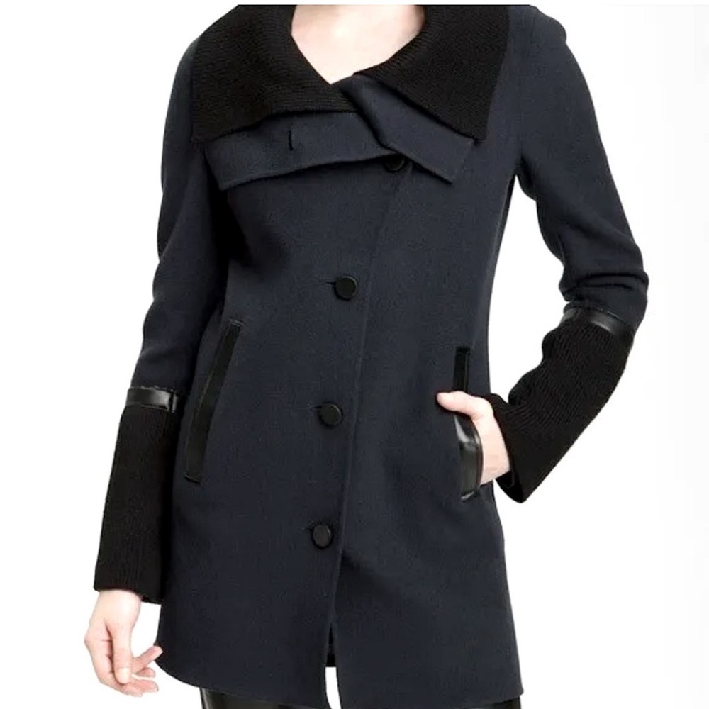 MACKAGE Black WOOL fitted pea COAT luxury jacket, knit collar, leather trim PL